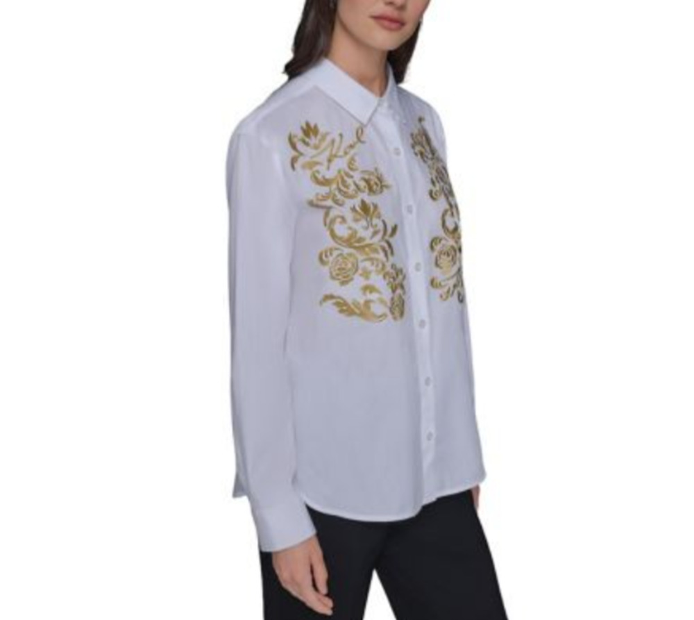 Karl Lagerfeld Paris Women's Embroidered Cotton Button-Down Shirt Size XL 3886